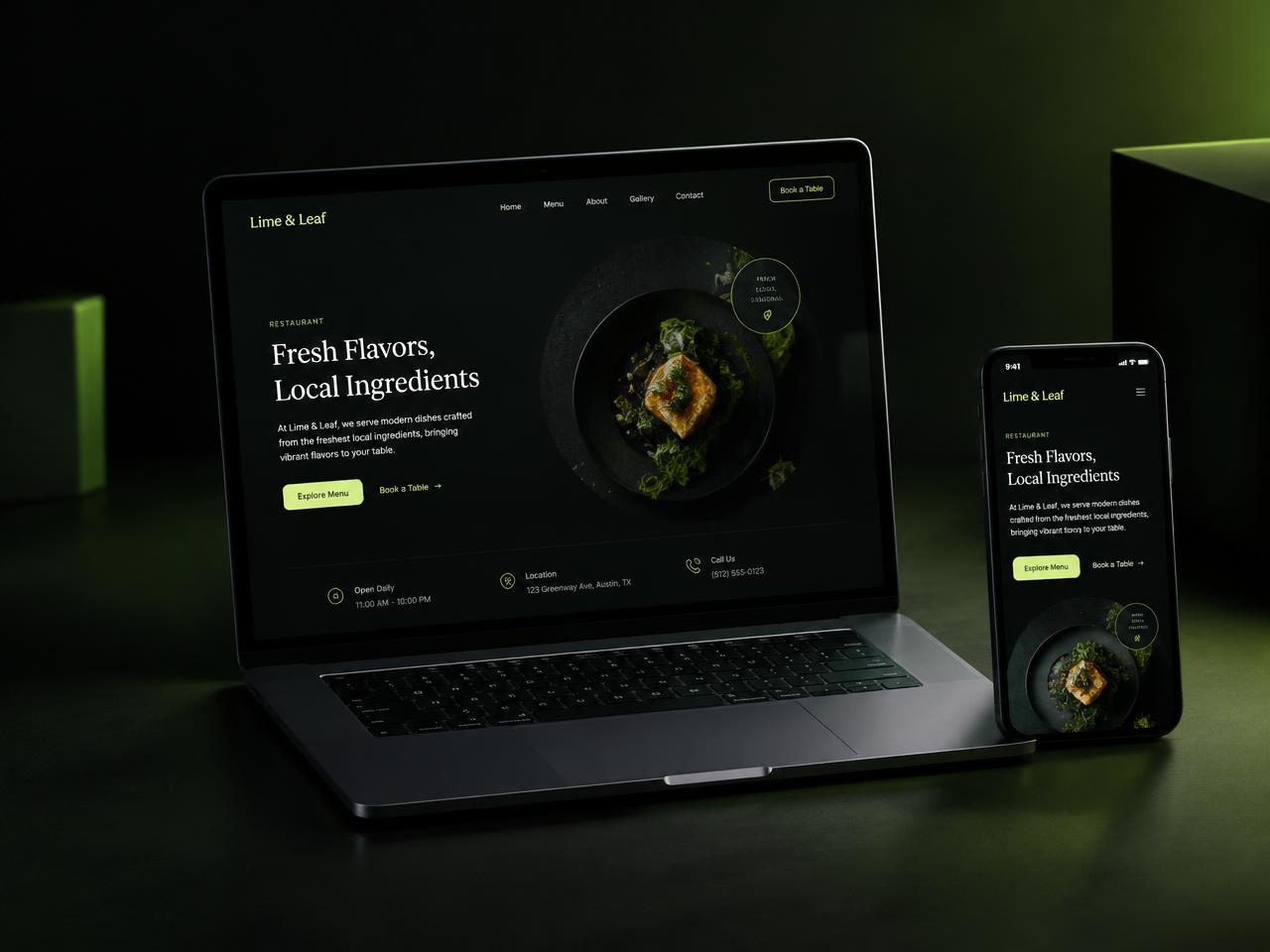Website de restaurante em computador e telemóvel